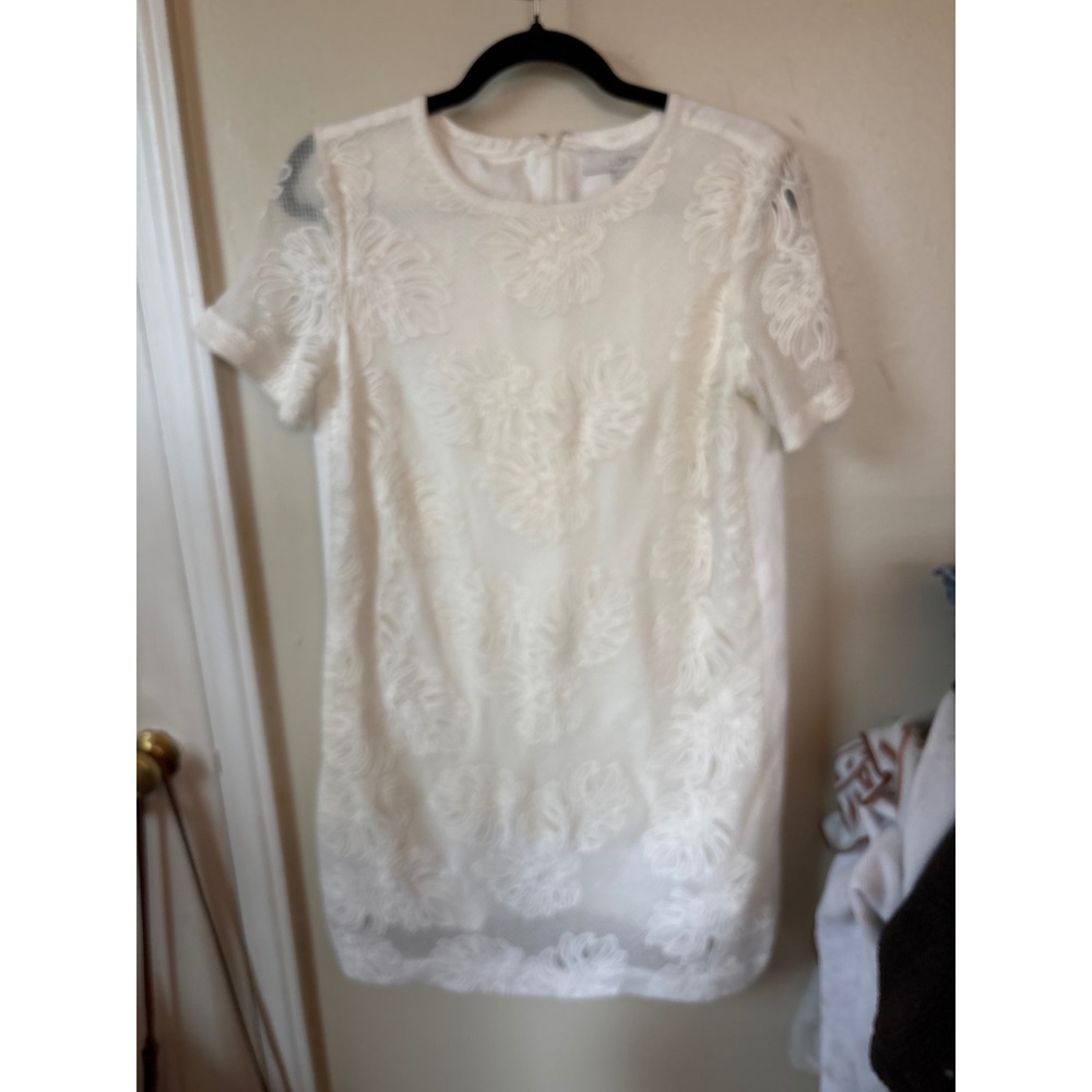 LOFT Shift Dress Womens MP Cream Floral Lace Short Sleeve Zip Back
